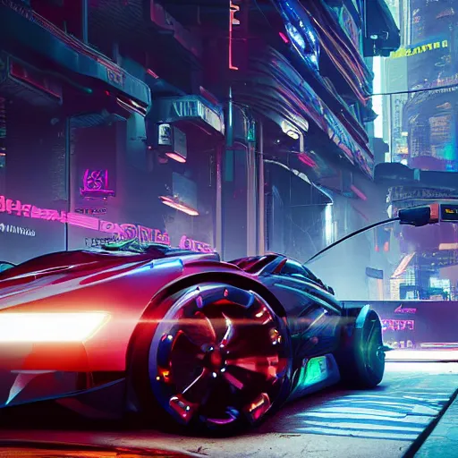 Image similar to Cyberpunk 2077 super car, cinematic lighting, 8k, high resolution, hyper-detailed ,beautiful, artstation