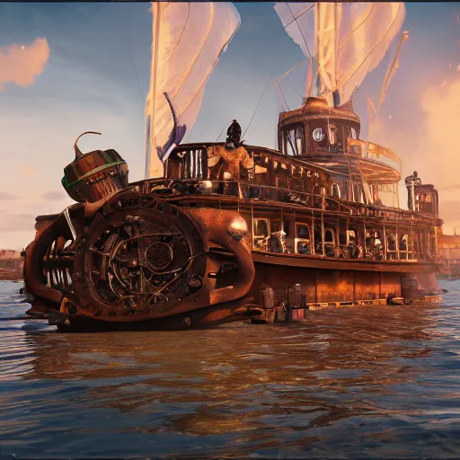 Image similar to a flying steampunk, steamboat from the 1 9 0 0 s with african mask on the front carrying black people across the mississippi river, bioshock infinite, detailed, behrens style, unreal 5 render, fantasy digital art, octane render, beautiful composition, trending on artstation