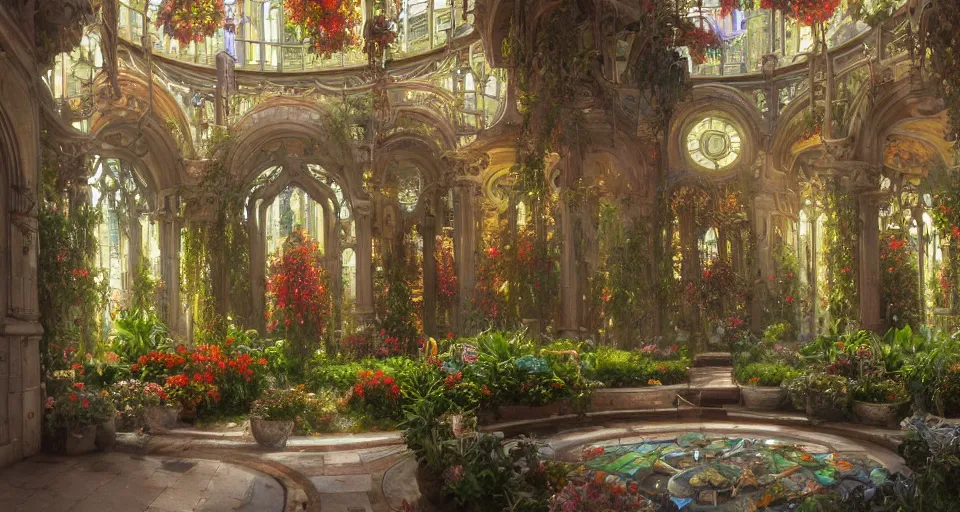 Prompt: an oil painting by donato giancola, warm coloured, cinematic scifi luxurious futuristic foggy hydroponic victorian garden circular courtyard with bulbous stained glass floral fungi cactus growing out of pretty ceramic baroque fountains, gigantic pillars and flowers, beeple, halo, star wars, ilm, star citizen, halo, mass effect, artstation, atmospheric perspective