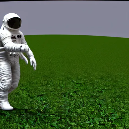 Image similar to a 3 d render of an astronaut walking in a green desert,