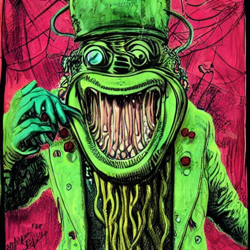 Image similar to graphic illustration, creative design, willy wonka as cthulhu, biopunk, by ralph steadman, francis bacon, hunter s thompson, highly detailed, concept art