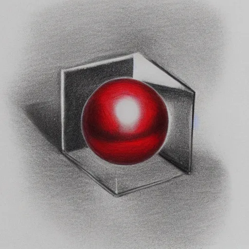 Prompt: chrome spheres on a red cube, drawn with graphite pencil