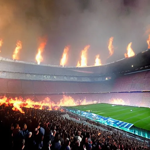 Image similar to high quality photograph, the camp nou burning in the distance, while florentino perez smokes a cigar next to the camera