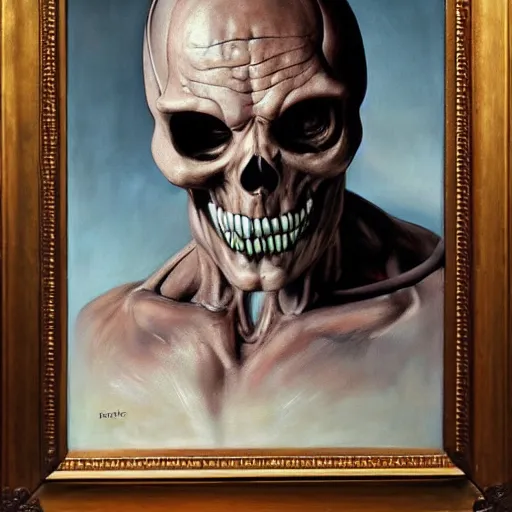 Image similar to ultra realistic portrait painting of skeletor as hannibal lecter, art by frank frazetta, 4 k, ultra realistic, highly detailed, epic lighting