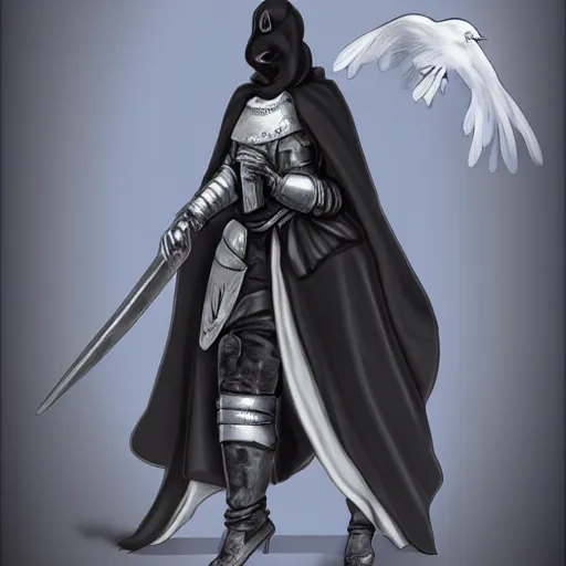 Image similar to female plague doctor donning a black hood, steel knightly armor and a white armored crow mask, trending on artstation