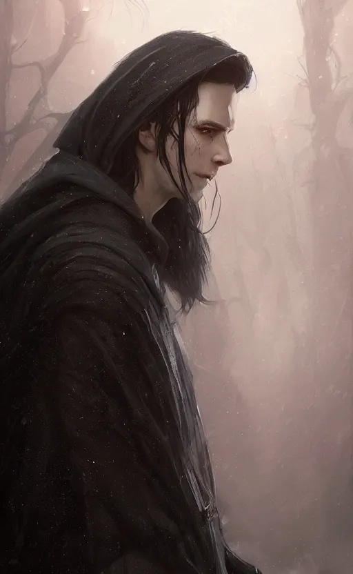 Image similar to Portrait of an elf in a black cloak, black hair, glowing eyes, male, detailed face, fantasy, highly detailed, cinematic lighting, digital art painting by greg rutkowski