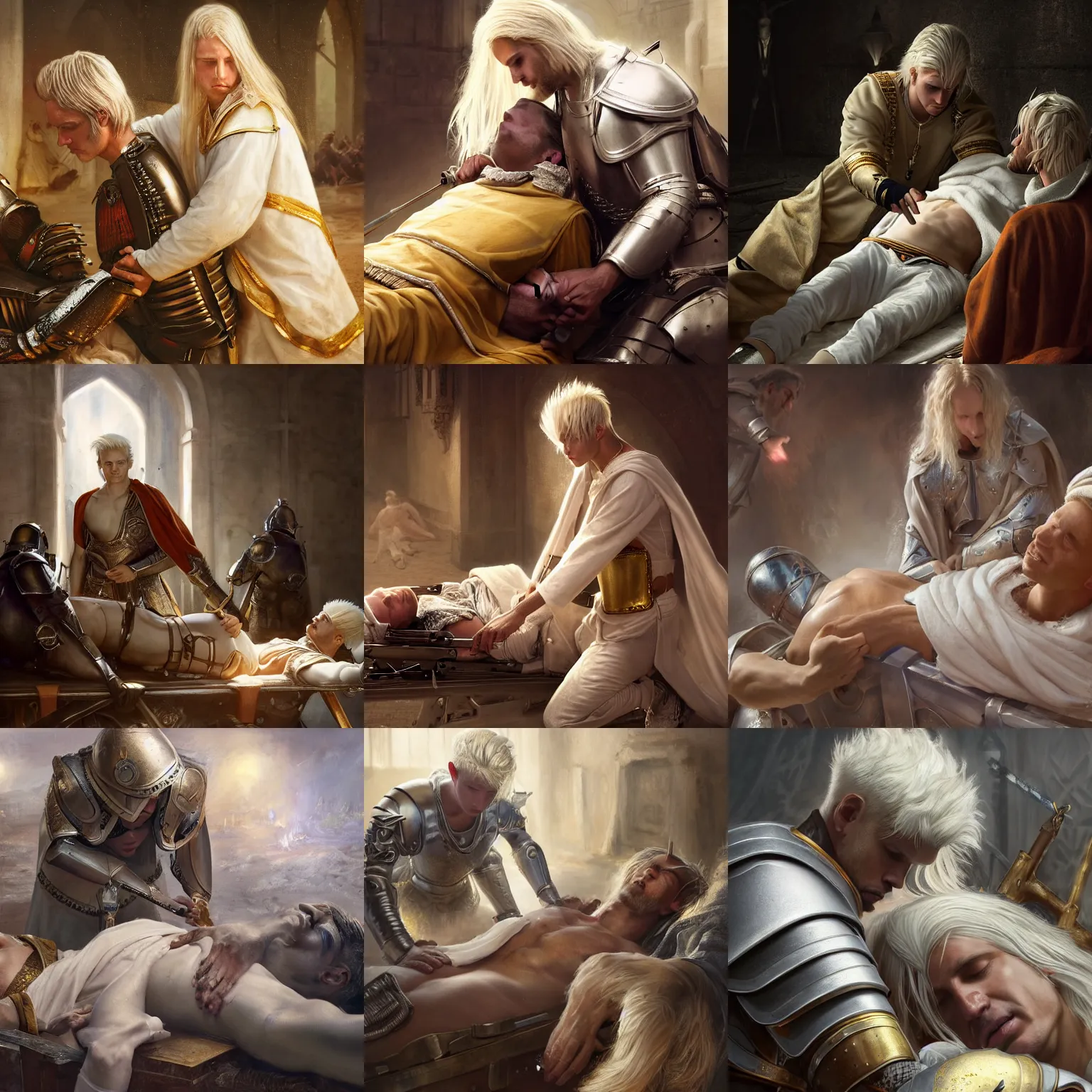 Prompt: extreme closeup portrait of an aasimar man with platinum blonde hair wearing white and gold vestments under armor healing a wounded soldier in armor on a stretcher with holy magic in war camp, detailed, realistic, Greg Rutkowski, 4k, pensive