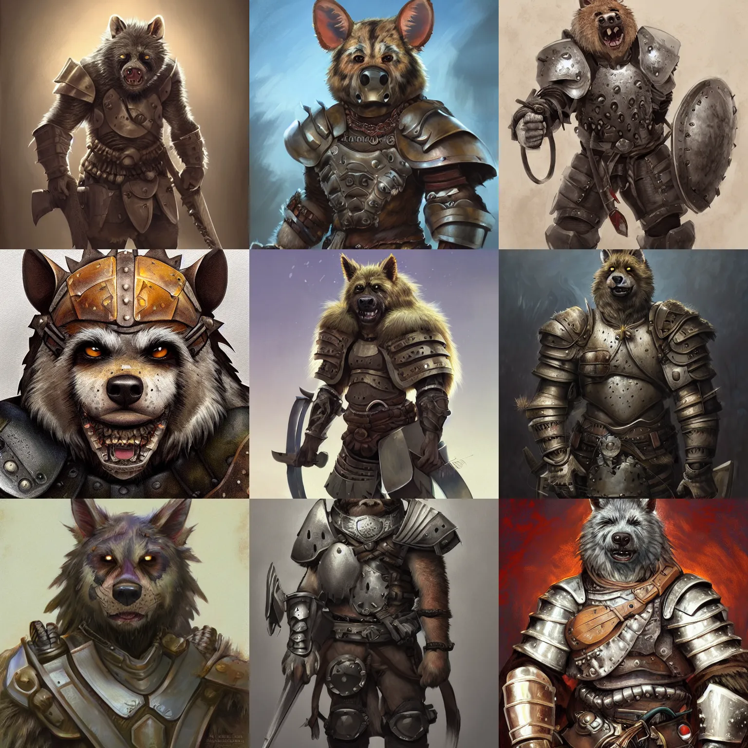 Prompt: portrait of a gnoll with a sad face wearing plate armor, half body, single subject, ambient lighting, highly detailed, digital painting, trending on pixiv fanbox, studio ghibli, extremely high quality artwork, art by ross tran and artgerm and makoto shinkai and alphonse mucha