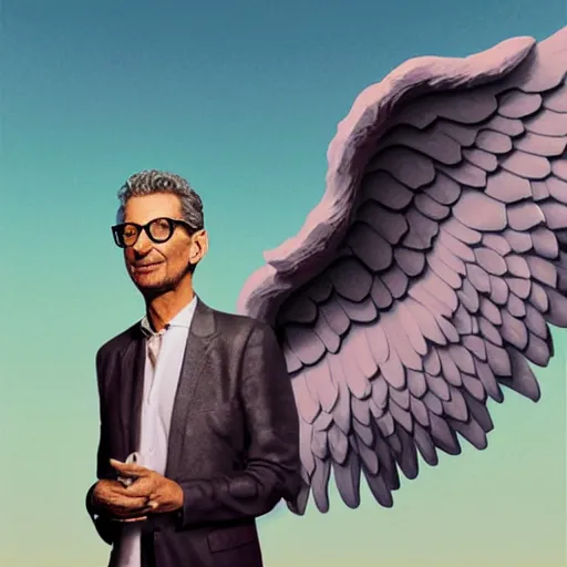 Image similar to jeff goldblum on a winged unicorn, art by beeple, hyperrealistic