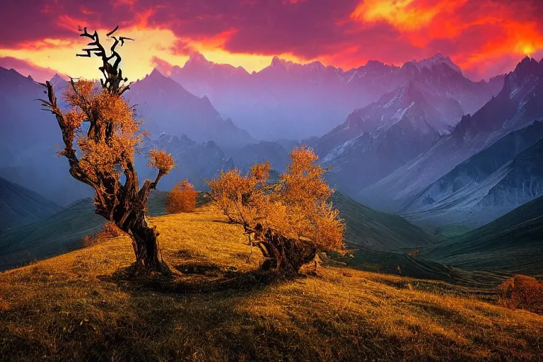 Image similar to A beautiful landscape photography of Caucasus mountains, a dead intricate tree in the foreground, sunset, dramatic lighting by Marc Adamus,