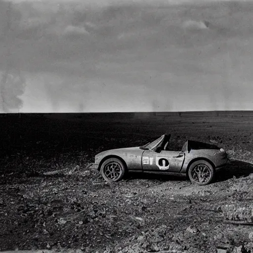 Prompt: a mazda mx-5 standing in no man's land, ww1, grainy black and white photograph