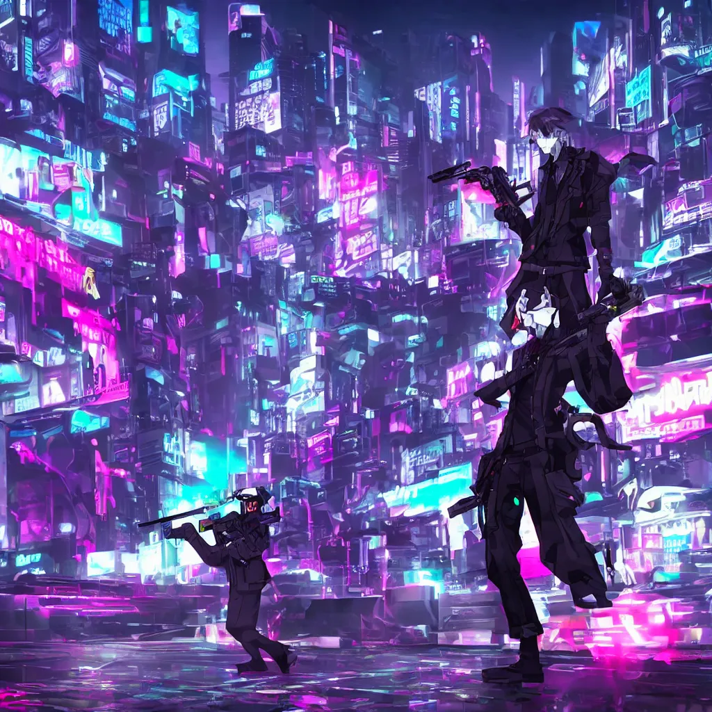 Image similar to Reaper (The World Ends With You) holding gun, cyberpunk aesthetic, city skyline on background, neon lights, glow, retrowave style