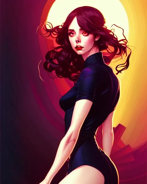 Image similar to artgerm, joshua middleton comic cover art, full body pretty kacey rohl vampire, symmetrical eyes, symmetrical face, long curly black hair, dark castle background background, cinematic lighting