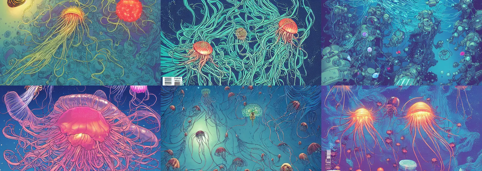 Prompt: a beautiful ultradetailed comic cover art of dozens of cybertronic glowing bee balm jellyfish rising from an ocean of nanotech beneath a hubble sky at night, by Laurie Greasley and Quentine Mabilles and Xsullo