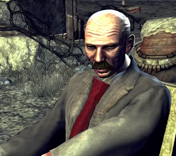 Prompt: Old Janusz Korwin-Mikke in the centre of a screenshot from the game Fallout: New Vegas (2010)