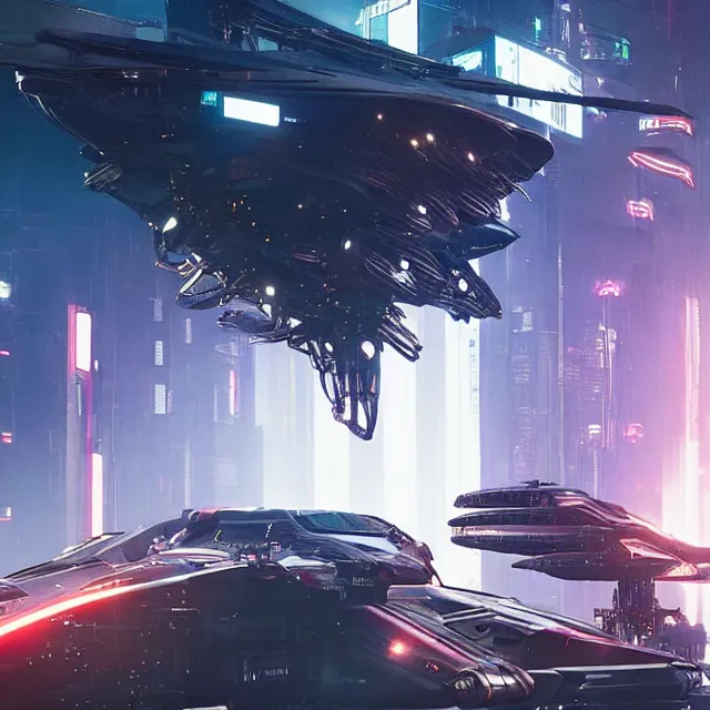 Image similar to ( cyberpunk 2 0 7 7, bladerunner 2 0 4 9 ) scientists creating an artificial alien highly detailed futuristic biomechanical thick smooth quad wing combat spaceship in their spaceship lab, hyper realistic, highly detailed, sharp focus, depth of field, photography, natural light,, ultra detailed, photorealistic, by brian sum and annie leibowitz, - t