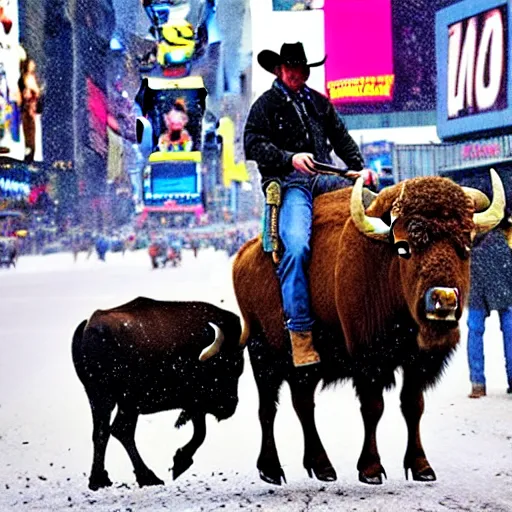 Image similar to wild west cowboy riding a buffalo in times square while it ’ s snowing