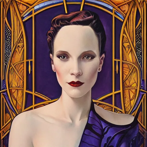 Image similar to an art nouveau, ( streamline moderne ), multi - racial portrait in the style of donato giancola and anna dittmann and charles dulac. very large, clear, expressive, and intelligent eyes. symmetrical, centered, ultrasharp focus, dramatic lighting, photorealistic digital matte painting, intricate ultra detailed background.