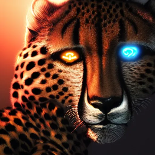 Image similar to a beautiful commission of a male anthropomorphic cheetah wearing a neon jacket,futuristic,detailed face,character design by charles bowater,mohawk,cyberpunk style,deviantart,artstation,art by greg rutkowski,ross tran,professional lighting,neon city,night,raytracing,rtx,highly realistic,4k,dramatic,hyperrealism