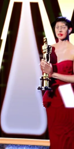 Image similar to an actress giving academy awards acceptance speech in the spotlight on the stage