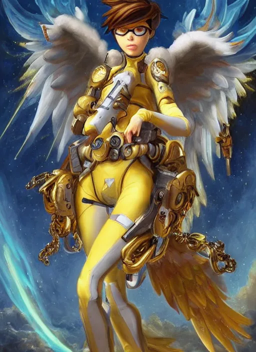 Image similar to full body oil painting of tracer overwatch in the style of sophie anderson, angel wings, angelic golden armor, dramatic painting, symmetrical composition, ornate, golden chains, high detail, gold detailed collar!!!!!, blooming, angelic, lights, flowers, heavenly, bright, detailed face,