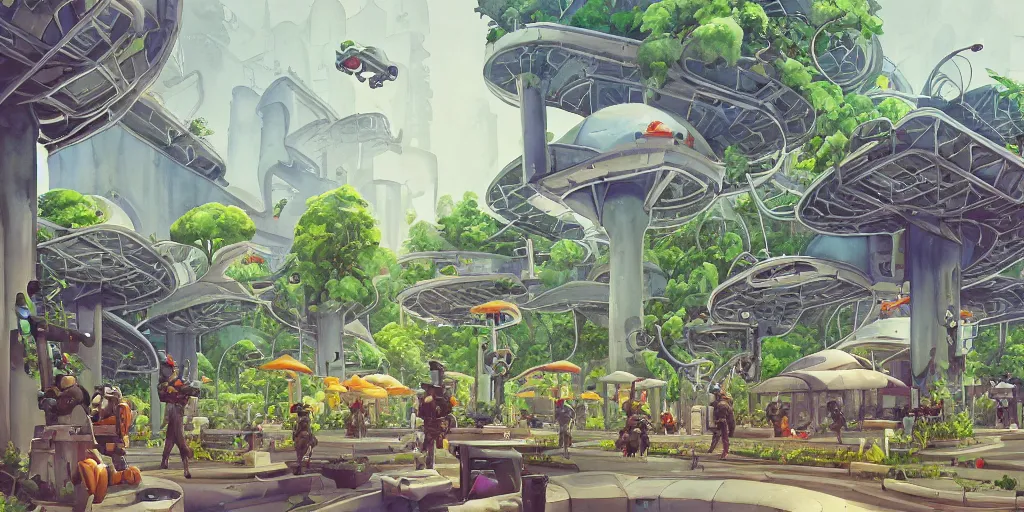 Image similar to overwatch building, stylized, exterior, architecture, in watercolor gouache detailed paintings, insanely detail, artstation, 8 k, futuristic, big medium small, arcane, simon stalenhag, food stall, interesting shapes & form, golden ratio, megastructures, in the middle of crowded jungle, forest, plant, ivy vines