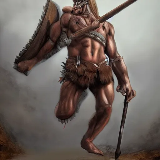 Image similar to Giant minotaur warrior with two handed axe, full body, muscular, dungeons and dragons, hyperrealism, high details, digital painting