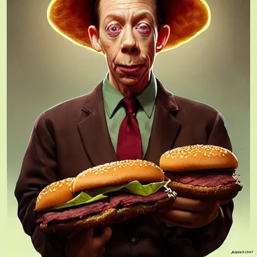 Prompt: portrait of barney fife eating hamburgers, extra onions and ketchup, luscious patty with sesame seeds, feminine ethereal, handsome, d & d, fantasy, intricate, elegant, highly detailed, digital painting, artstation, concept art, matte, sharp focus, illustration, art by artgerm and greg rutkowski and alphonse mucha