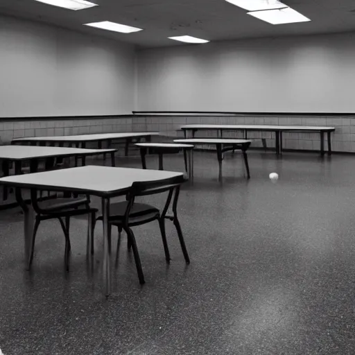 Prompt: Empty school cafeteria, grainy photograph, liminal space