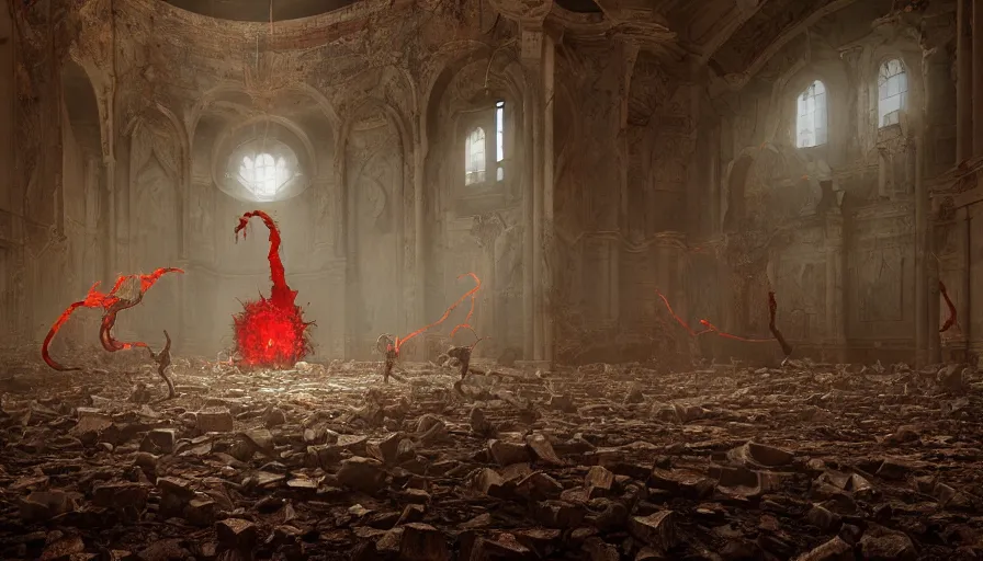 Image similar to hellspawn demonic creatures battle astaroth lovecraftian monsters, in an abandoned church in the vatican, 8 k, soft lighting, hdr, octane render, cinematic, red fluid on walls of the church, smoke, horrific, photorealistic, bokeh