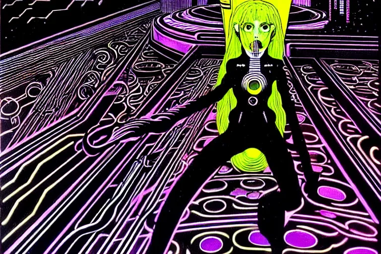 Prompt: a true hero, sinking, wrapped in black, clutching a hopespark in the drifting voids. Fantasy Tron sci-fi illustration, vibrant neon inks painting, by Edvard Junjiito Picasso