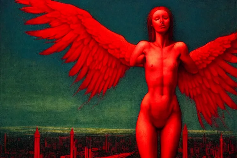 Image similar to only with red, a red angel announce the win, at the gates of a rich renaissance city. inthe background, pathos, in the style of beksinski, part by hopper, part by rodcenko, part by hofbauer, intricate composition, red by caravaggio, insanely quality, highly detailed, masterpiece, red light, artstation