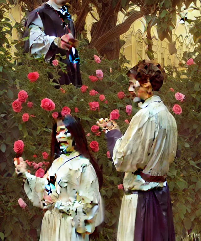 Image similar to two beautiful young catholic priests are in love in the church garden of roses, portrait, intricate, elegant, highly detailed, 20mm film, smooth, sharp focus, art by artgerm and greg rutkowski and alphonse mucha