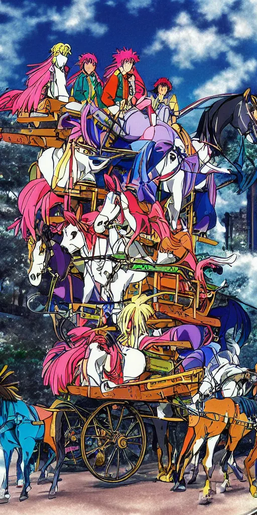 Prompt: a chariot drawn by horses in tokyo, 1990s anime, full color,