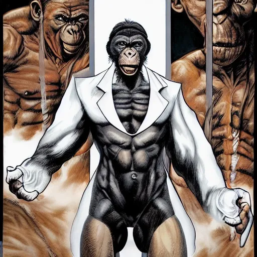 Image similar to ripped physique telekinesis man disguised as a chimpanzee whilst wearing a white jacket jean sebastien rossbach jeff easley jen bartel staedtler