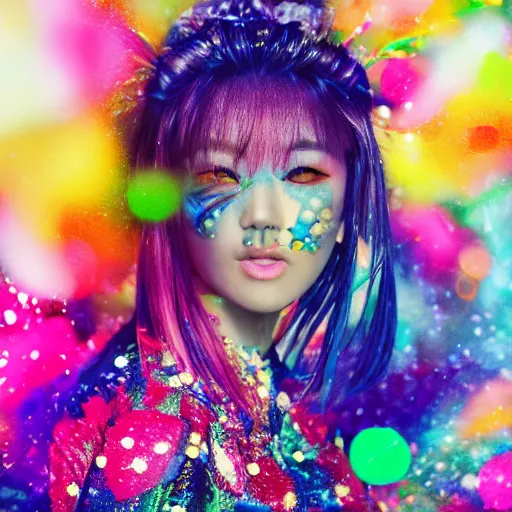 Prompt: japanese model with maximalist hair style and makeup, bright colors, fashion model, portrait shot, glitter, depth of field, 8 k, hyper detailed, intricate, trending on artstation