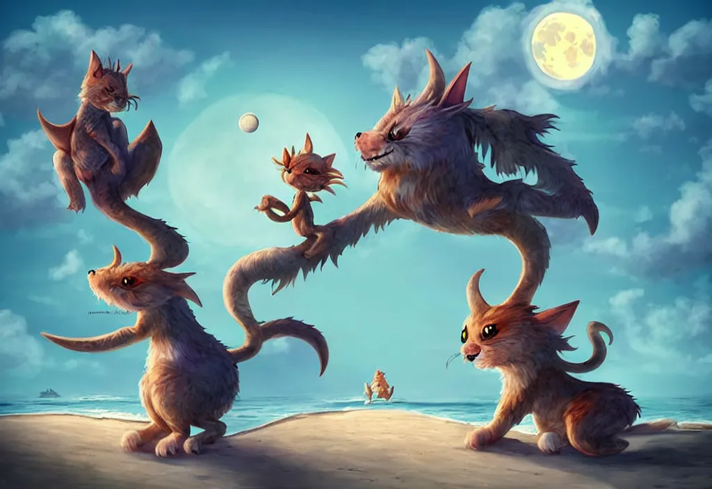 Image similar to cute fantasy critters at a beach looking at the moon, ultra realistic, concept art, highly detailed