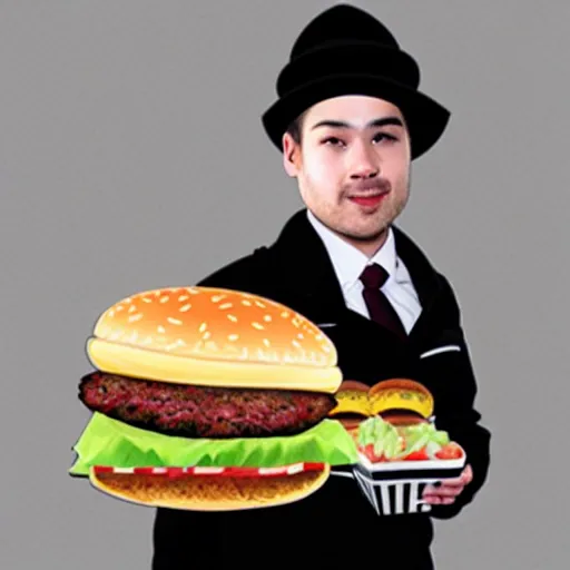 Prompt: photo of real - life hamburglar with hamburgers in his hands looking sneaky