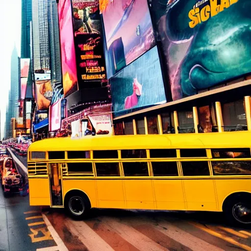 Prompt: yellow school bus eaten swallowed by giant snake, anaconda, huge snake, big snake, time square, cinematic, dramatic, film still