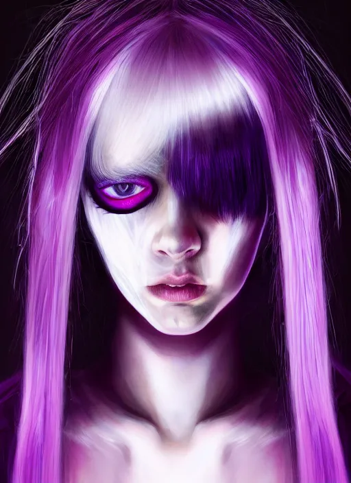 Image similar to hair whitebangs hair, black cyberlox, portrait of teenage girl with white bangs, whitebangsblackhair, messy bangs, cyberlox, whitebangs, red irises, purple clothes, intricate, elegant, glowing lights, highly detailed, digital painting, artstation, concept art, sharp focus, illustration, art by wlop, mars ravelo and greg rutkowski