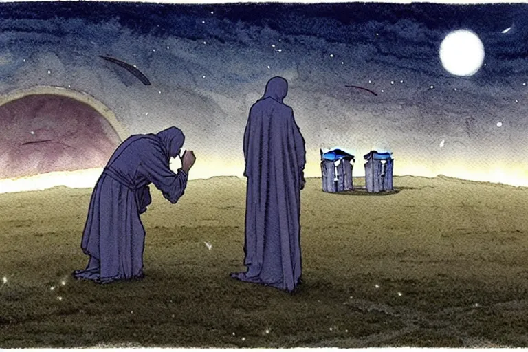 Image similar to a realistic and atmospheric watercolour fantasy concept art of a metallic ufo landing in a large stonehenge. medieval monk in grey robes on his knees praying. a crescent moon in the sky. muted colors. by rebecca guay, michael kaluta, charles vess and jean moebius giraud