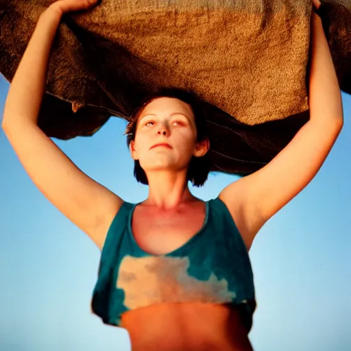 Prompt: beautiful young woman, short hair, tank top, arms raised above her head, cottagecore, razorfree, hippie, naturist, portrait photography, portra 800