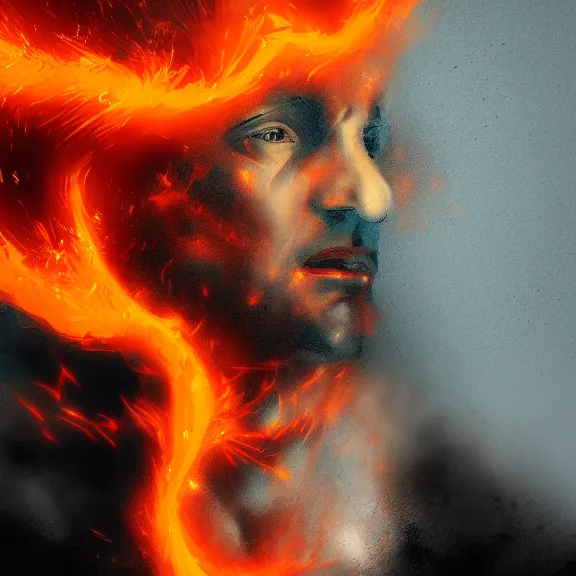 Image similar to portrait. abstract matte painting of a man on fire. Francisco Goya, ArtStation