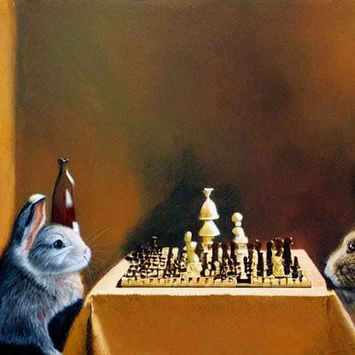 Image similar to rabbits drinking wine and playing chess. Painting of rabbits in sweaters by James Gurney.