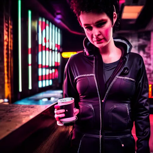 Prompt: photograph of retro techwear coed loitering near the bar of a packed busy rundown nightclub, retrofuturism, brutalism, cyberpunk, sigma 85mm f/1.4, 35mm, 4k, depth of field, high resolution, 4k, 8k, hd, highly detailed, full color