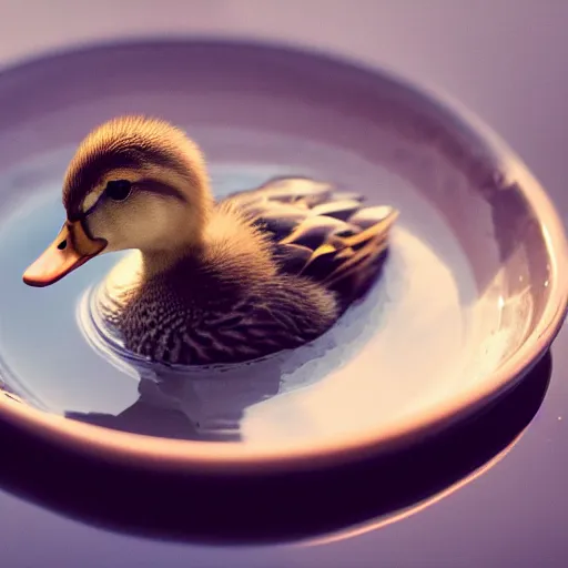 Image similar to cute duckling swimming in a small bowl of water, photography, minimalistic, 8 k