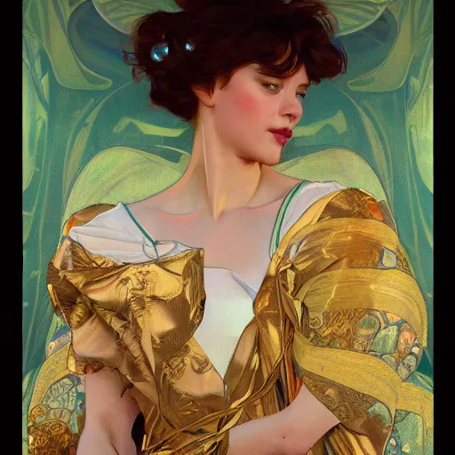 Image similar to modern woman | hyperrealistic | action pose | digital painting | trending on artstation | pinup portrait | clean | illustration | dressed | Unreal Engine 5 | 8k resolution | by Greg Rutkowski Alphonse Mucha Gustav Klimt and Mel Ramos