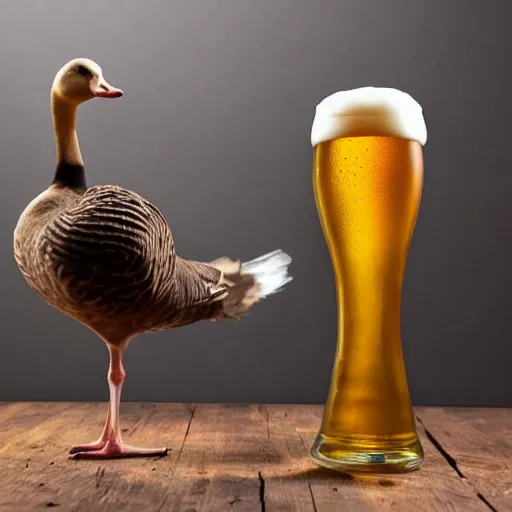 Image similar to goose sipping beer, studio photo, studio lighting, beautiful, 12k