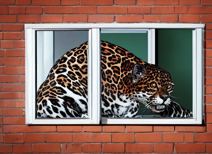 Image similar to photography of a Jaguar Cat . watching outside the window. on a bed. in a 70's room full of vinyls and posters, photorealistic, award winning photo, 100mm, sharp, high res