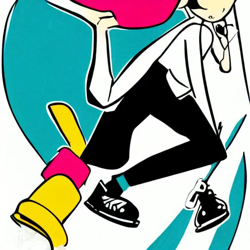 Image similar to single skater character on white background, cartoony stylized proportions by hirouki imaishi inks and colors